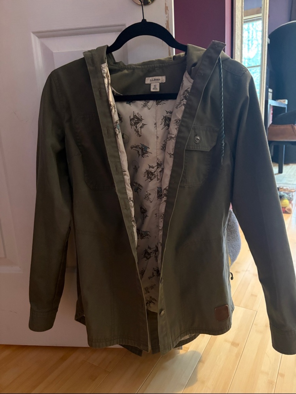 L.L. Bean Olive Hooded Jacket with Printed Liner